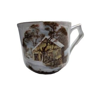 Mustache Cup Novelty Tea Coffee Mug‎ Winter Barn Scene Gold Trim